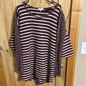 Harden Striped Maroon and White striped attached Scarf Tunic Sweater Women's Top